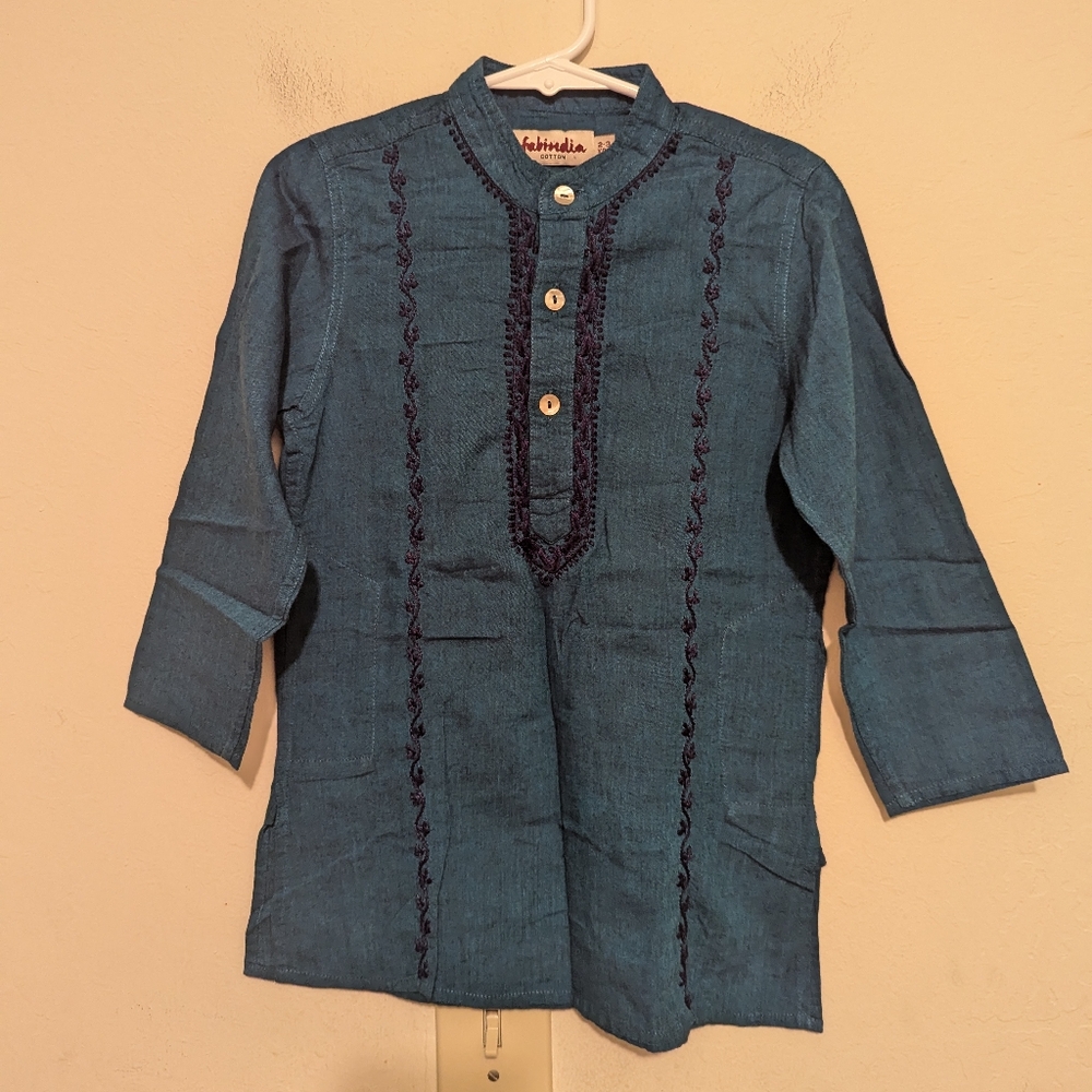 Fabindia Blue Long Sleeve Shirt With Details And Pockets Size 2 To 3 Years